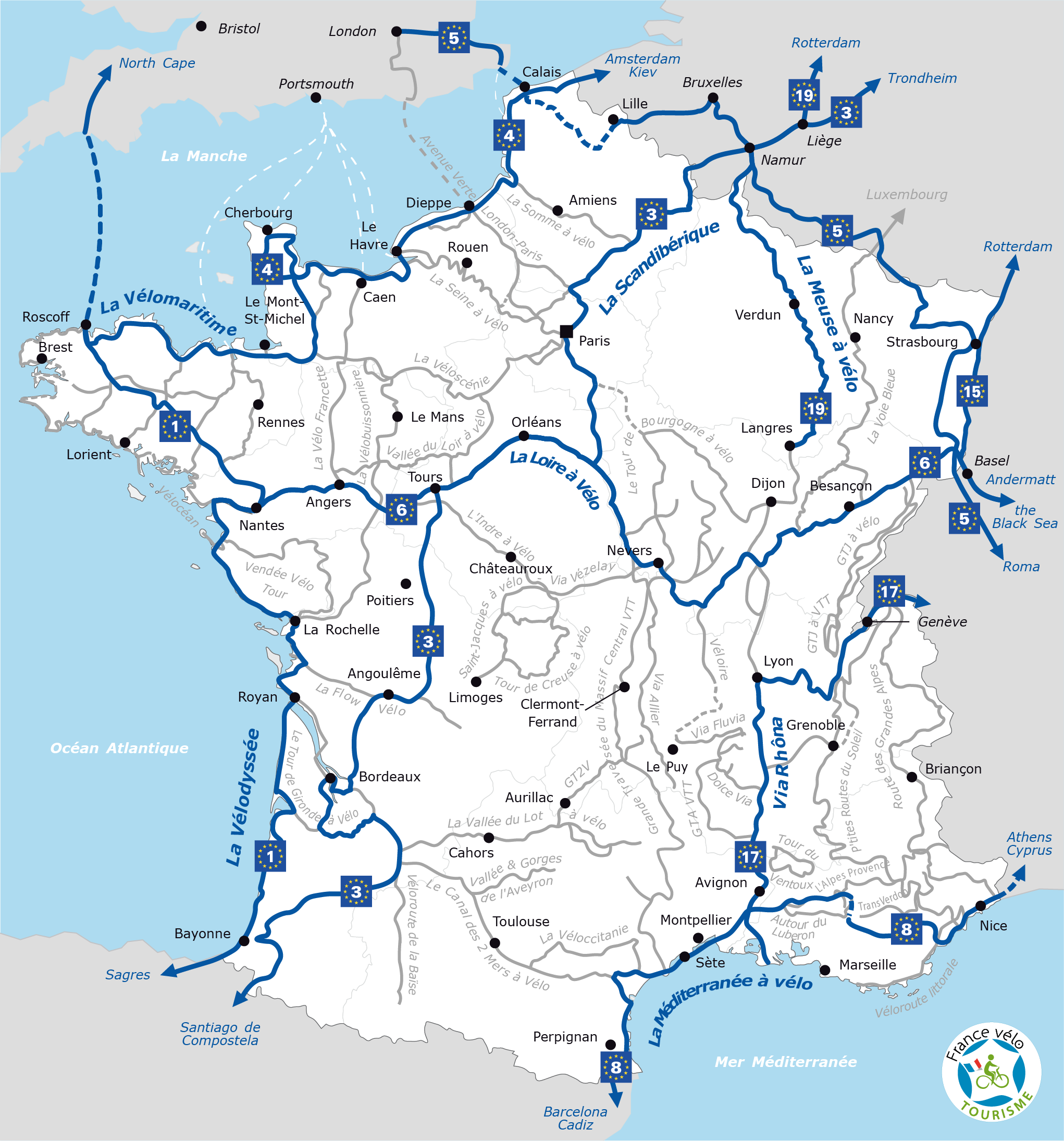 Carte des itinéraires EuroVelo 