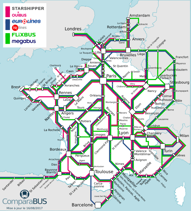 Carte du réseau des compagnies de bus en France 