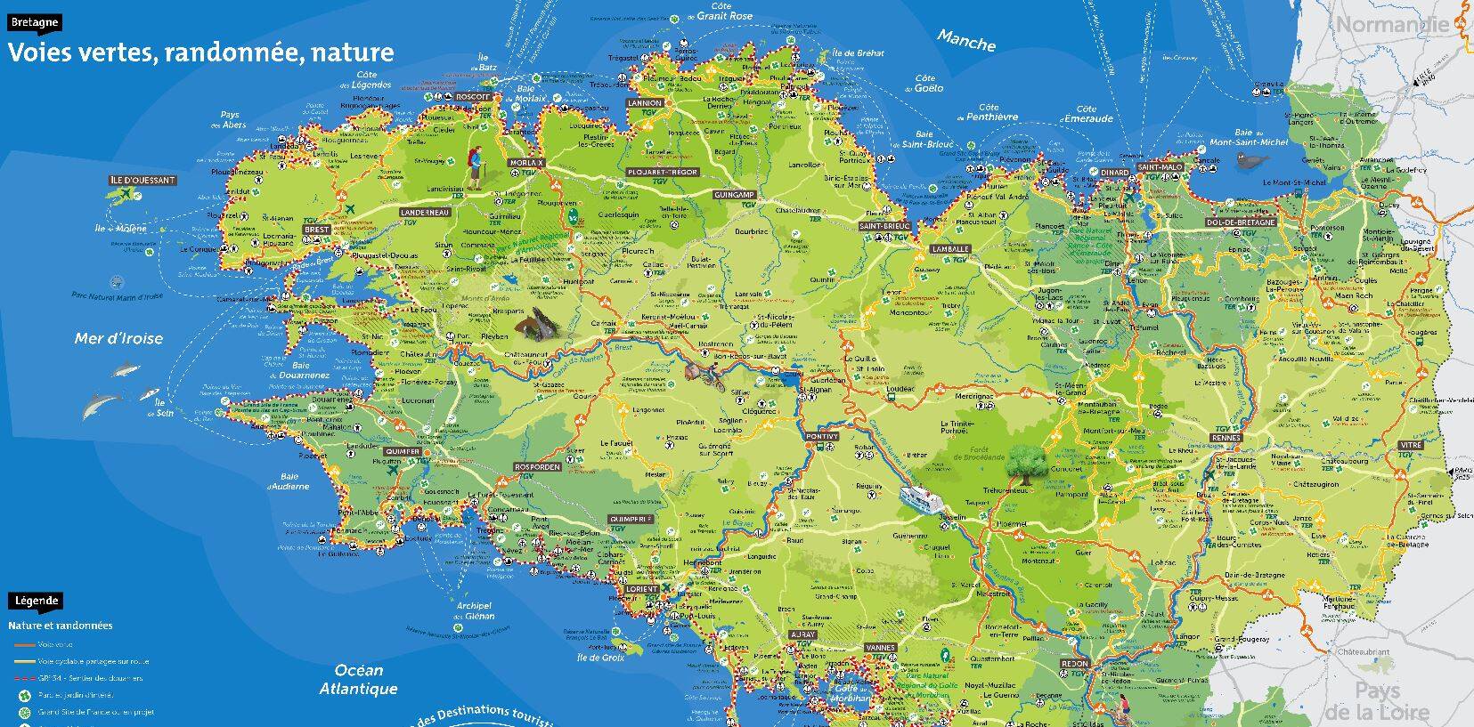 Carte des véloroutes et voies vertes de Bretagne