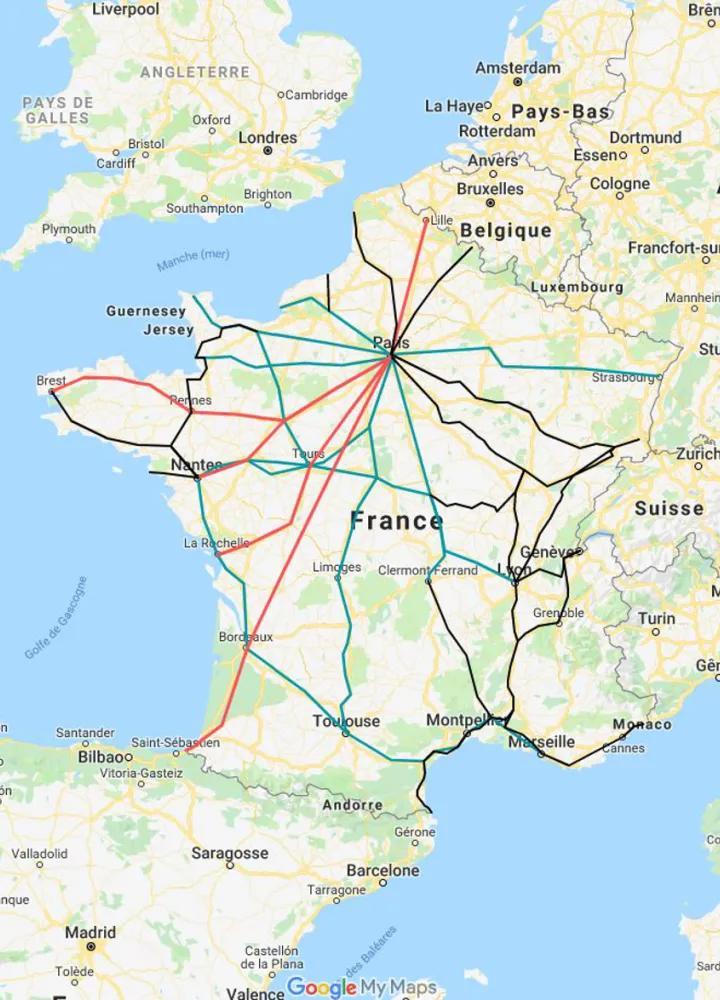 Carte des trains accessibles à vélo (TER, TGV et Intercités)